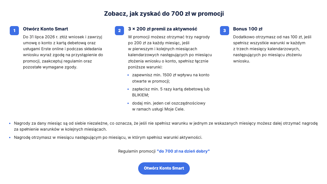 Warunki promocji Erste – jak zyskać do 700 zł: Otwórz Konto Smart, 3 × 200 zł premii za aktywność, bonus 100 zł